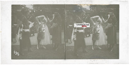 Scène de vie, Longchamp, Paris, plaque verre stéréoscopique, positif 8,5x17 cm