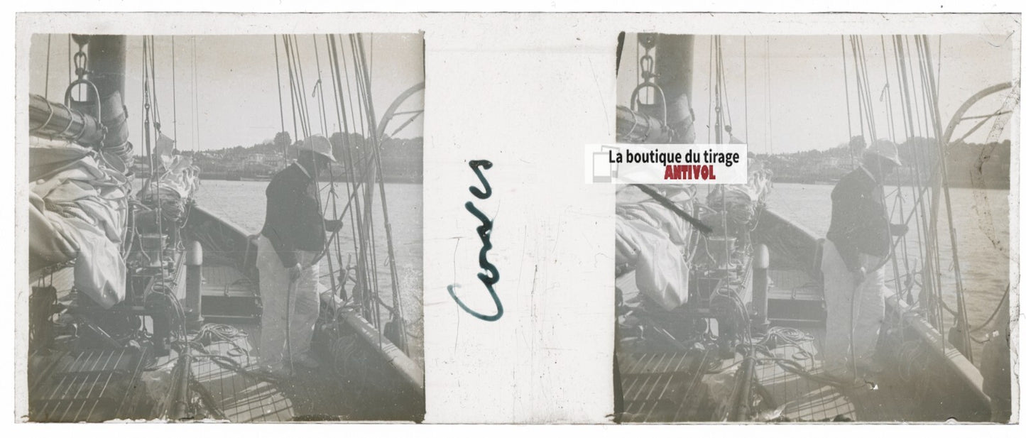 Voyage en bateau, Plaque verre stéréoscopie, positif noir & blanc 4,5x10,7 cm