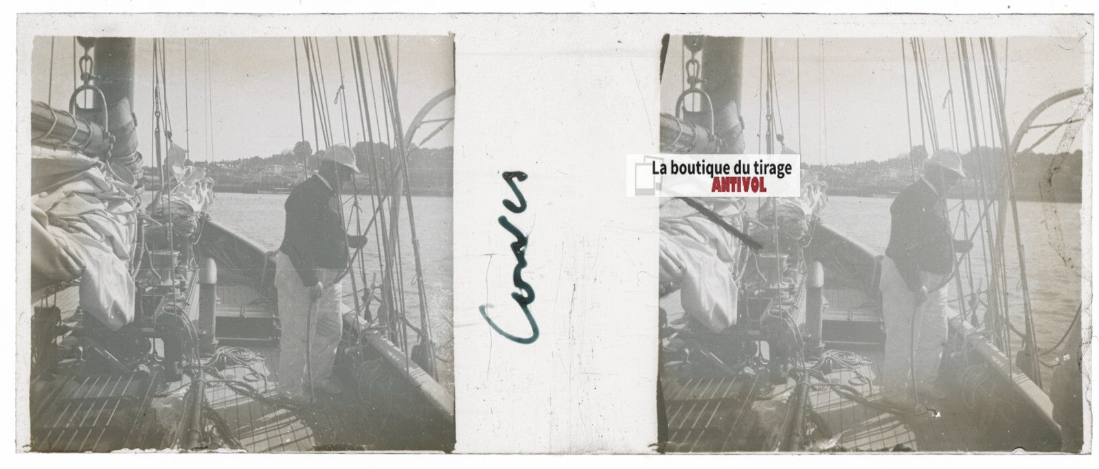 Voyage en bateau, Plaque verre stéréoscopie, positif noir & blanc 4,5x10,7 cm