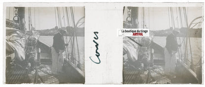 Voyage en bateau, Plaque verre stéréoscopie, positif noir & blanc 4,5x10,7 cm