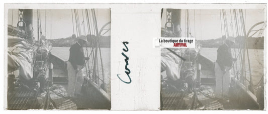 Voyage en bateau, Plaque verre stéréoscopie, positif noir & blanc 4,5x10,7 cm