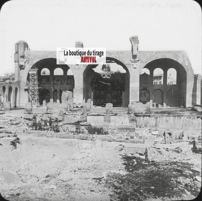 Basilique de Maxence, Rome, photo ancienne plaque verre, positif 8,5x10 cm