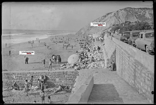 Plage de Bidart, voitures, Plaque verre photo, négatif noir & blanc 10x15 cm