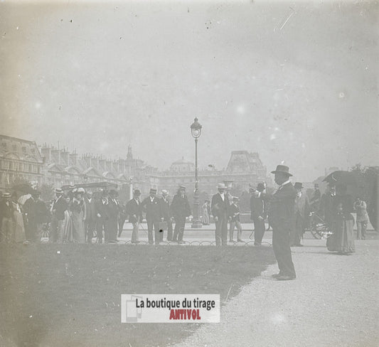 Paris, Tuileries, promeneurs, plaque verre stéréo, photo ancienne 4,5x10,7 cm