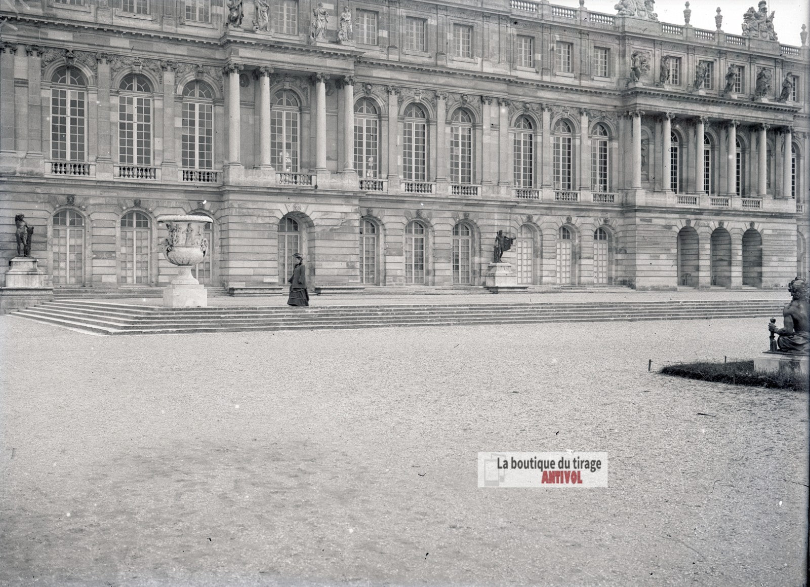 Façade du château de Versailles, plaque verre photo ancienne, négatif 9x12 cm