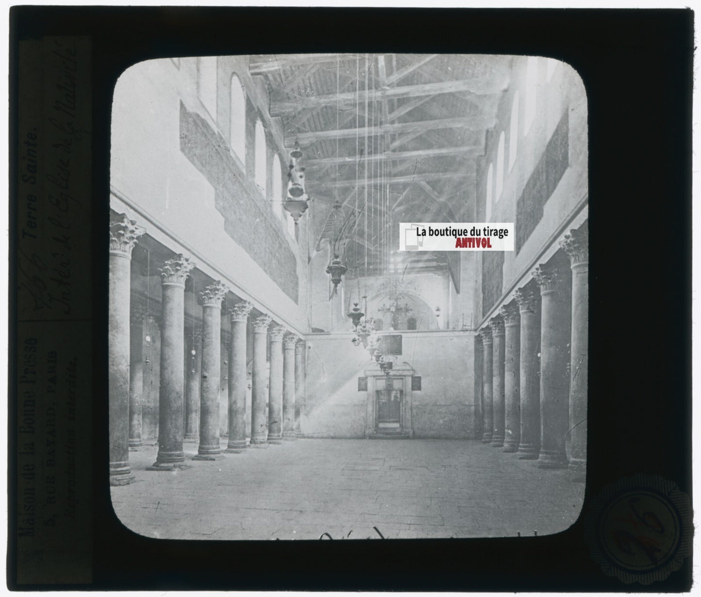 Eglise Nativité Bethléem, photo plaque verre, noir & blanc, positif 8,5x10 cm