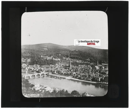 Heidelberg, Allemagne, Neckar, photo ancienne plaque verre, positif 8,5x10 cm