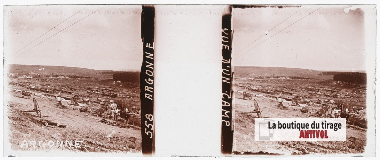 Argonne, camp militaire WW1, plaque verre stéréo, photo ancienne 4,5x10,7 cm