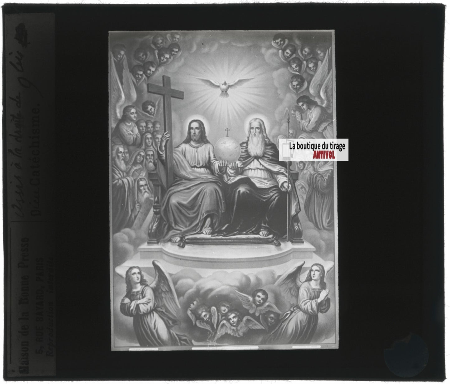 Scène religieuse, catéchisme, dessin peinture, plaque verre, positif 8,5x10 cm