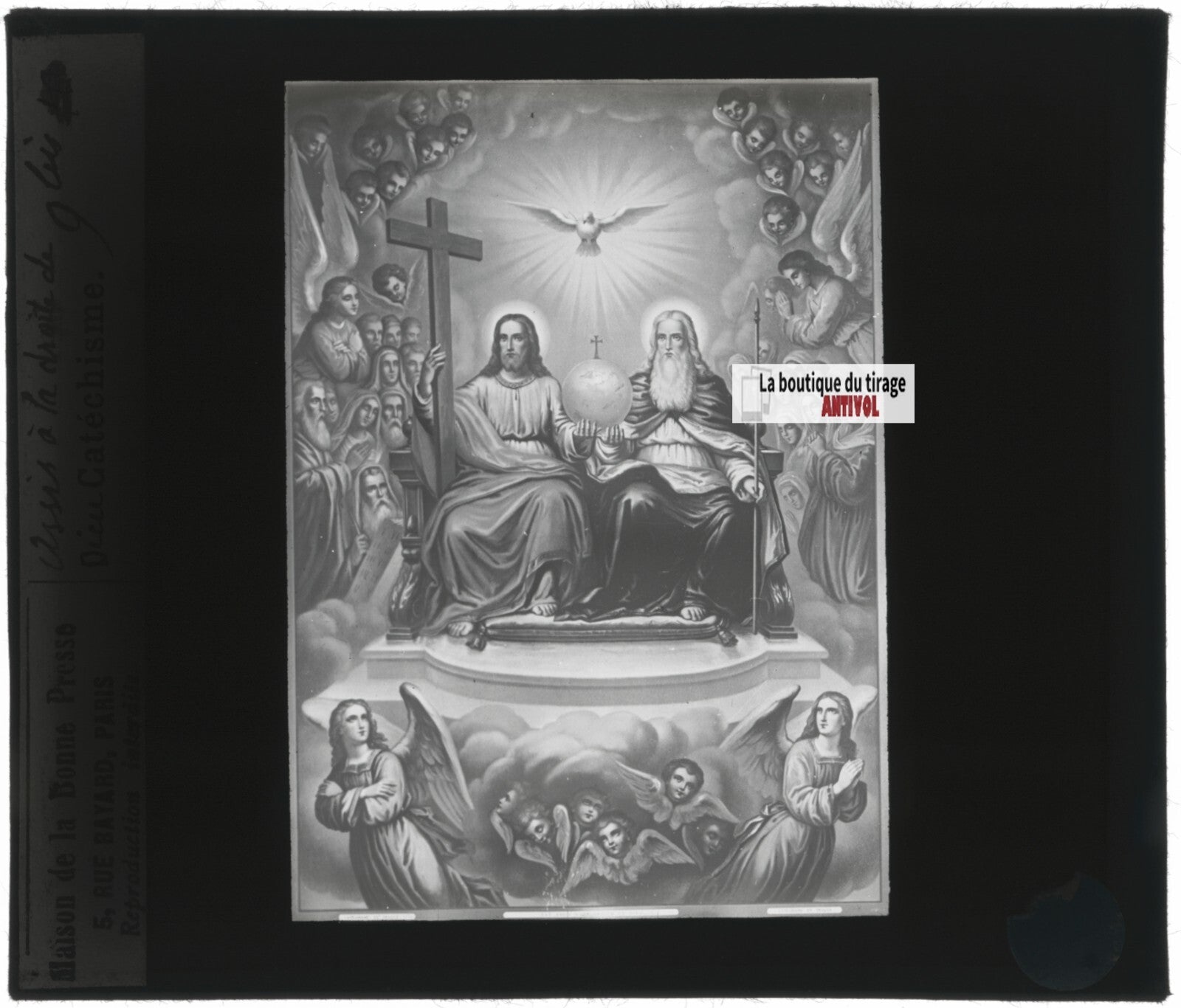 Scène religieuse, catéchisme, dessin peinture, plaque verre, positif 8,5x10 cm