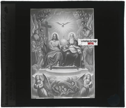 Scène religieuse, catéchisme, dessin peinture, plaque verre, positif 8,5x10 cm