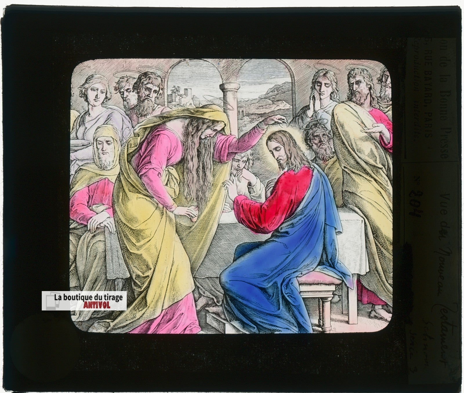 Nouveau testament, Jésus, dessin, plaque verre ancienne, couleur 8,5x10 cm