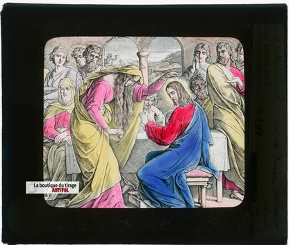 Nouveau testament, Jésus, dessin, plaque verre ancienne, couleur 8,5x10 cm