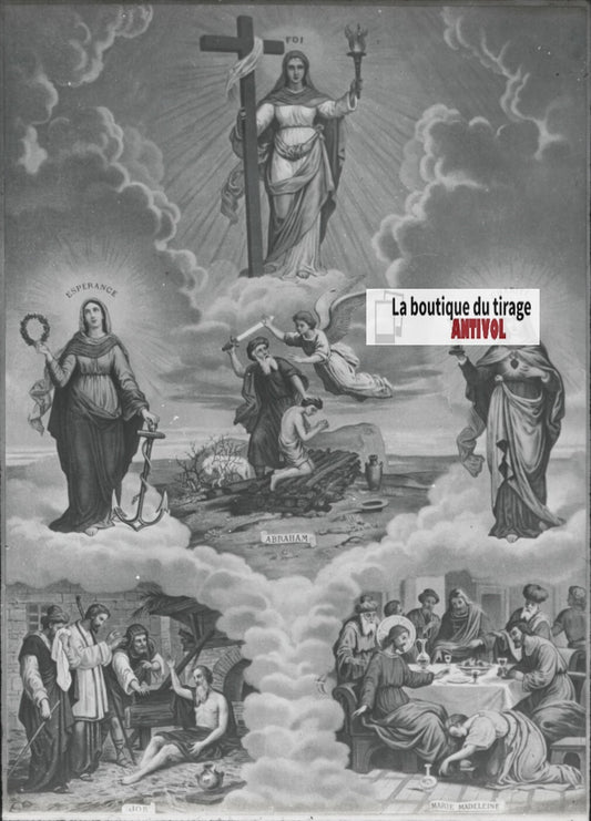 Scène religieuse, catéchisme, dessin peinture, plaque verre, positif 8,5x10 cm