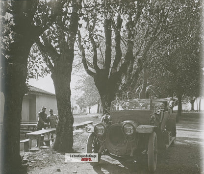 Automobile d’officiers, guerre WW1, plaque verre photo ancienne stéréo 6x13 cm
