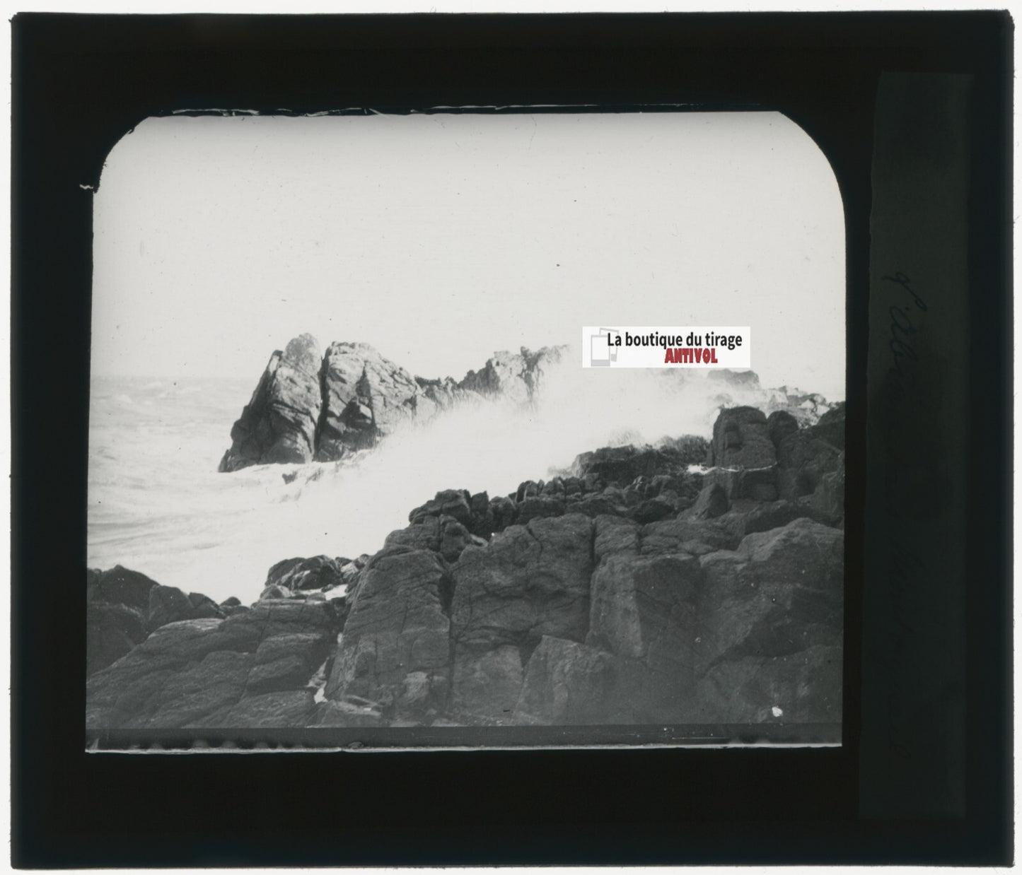 Paysage, mer, rochers, photo ancienne plaque de verre, positif 8,5x10 cm