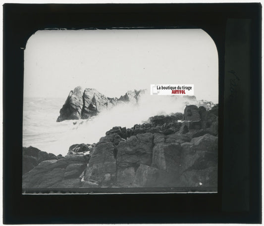 Paysage, mer, rochers, photo ancienne plaque de verre, positif 8,5x10 cm