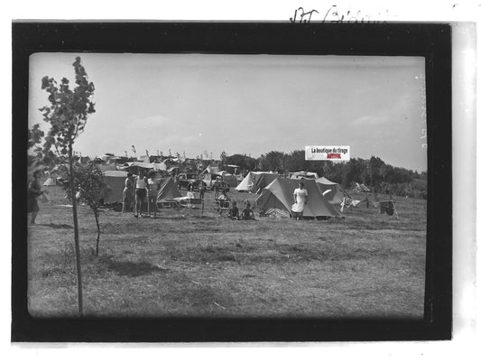 Plaque verre photo ancienne positif noir & blanc 13x18 cm camping Bidart voiture