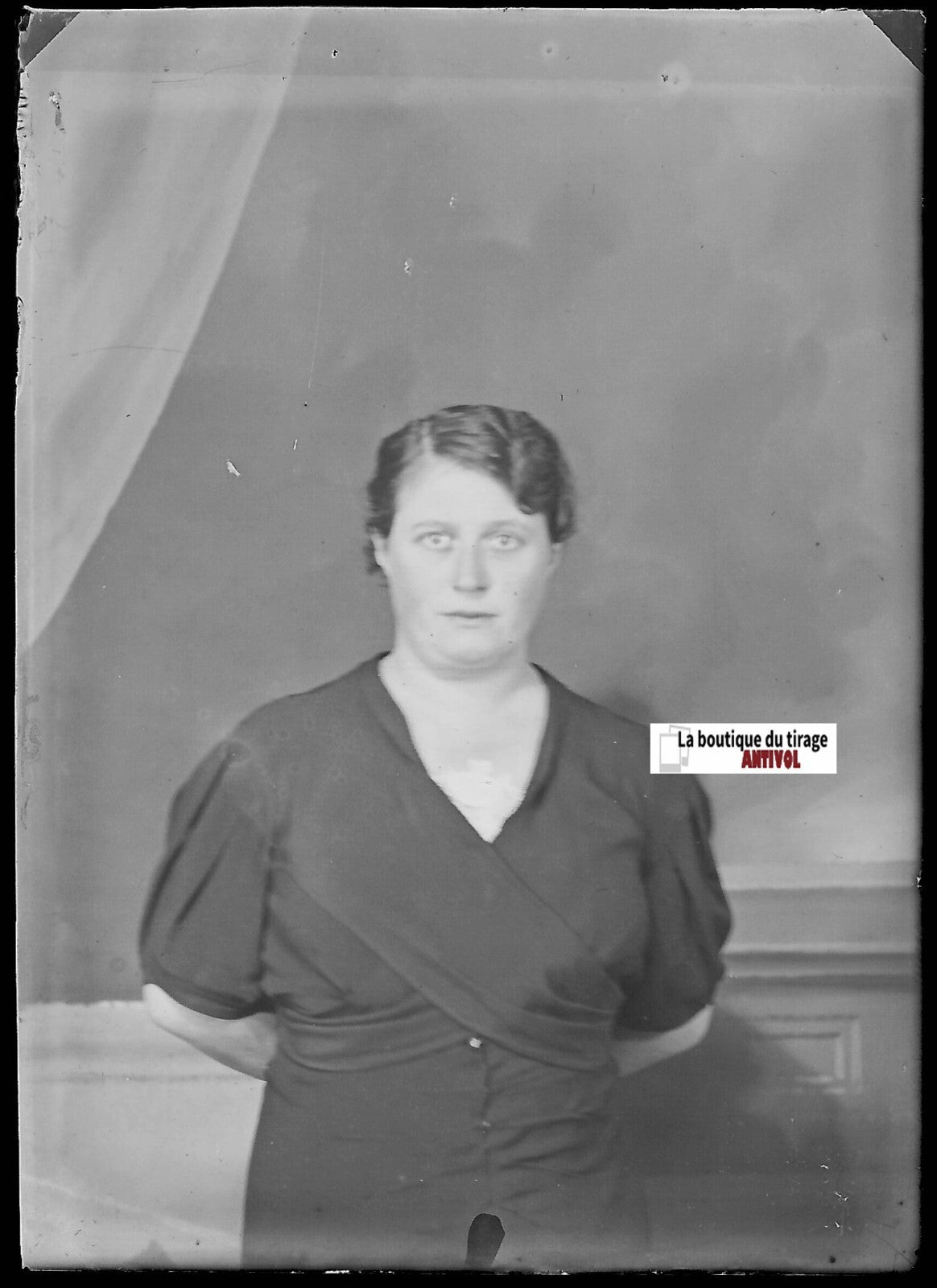 Portrait femme vintage, Plaque verre photo, négatif ancien noir & blanc 6x9 cm