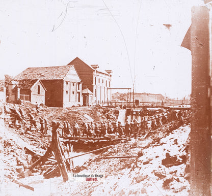 Canal de la Somme à Ham, guerre WW1, plaque verre photo ancienne stéréo 6x13 cm