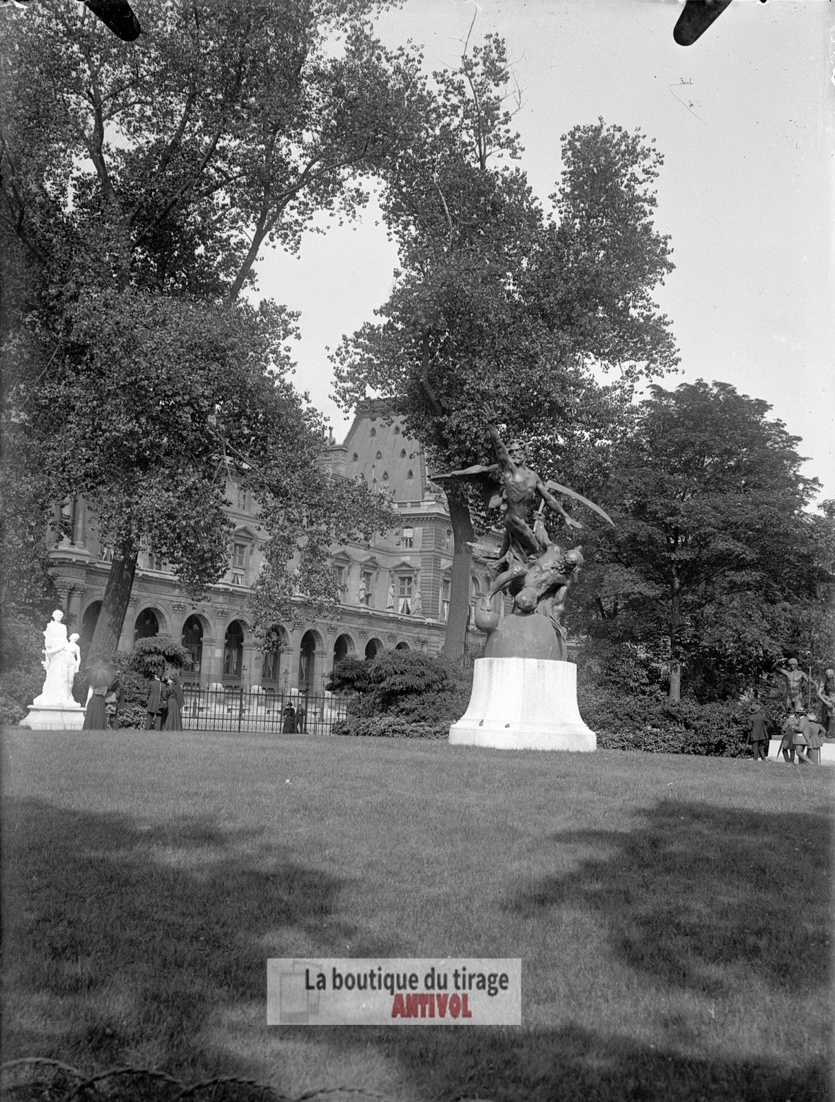 Paris, Jardin Carrousel, Louvre, plaque verre, photo ancienne, négatif 9x12 cm