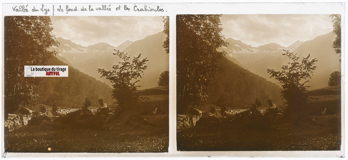 Vallée du Lys, Crabioules, plaque verre, photo ancienne stéréo, sépia 6x13 cm