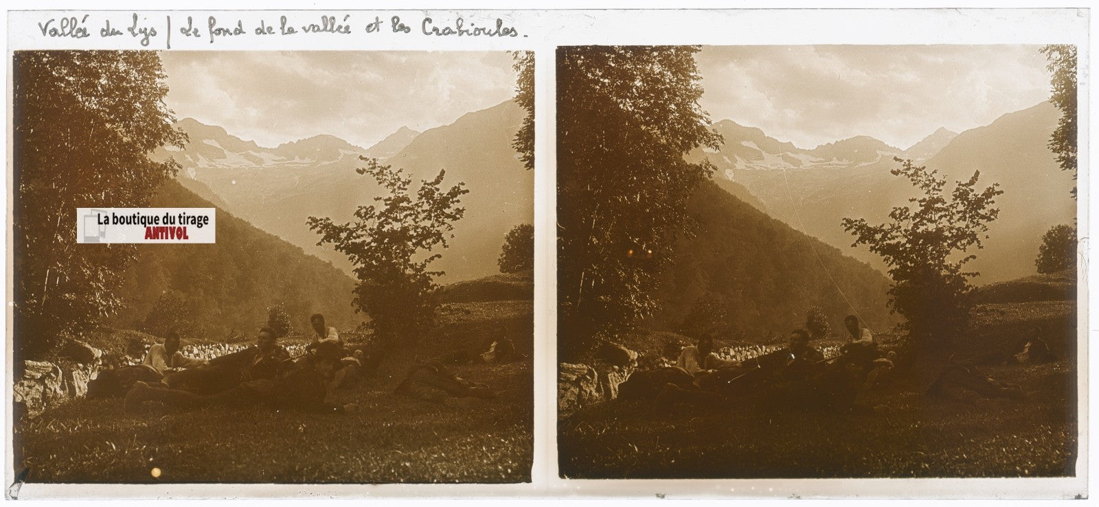 Vallée du Lys, Crabioules, plaque verre, photo ancienne stéréo, sépia 6x13 cm