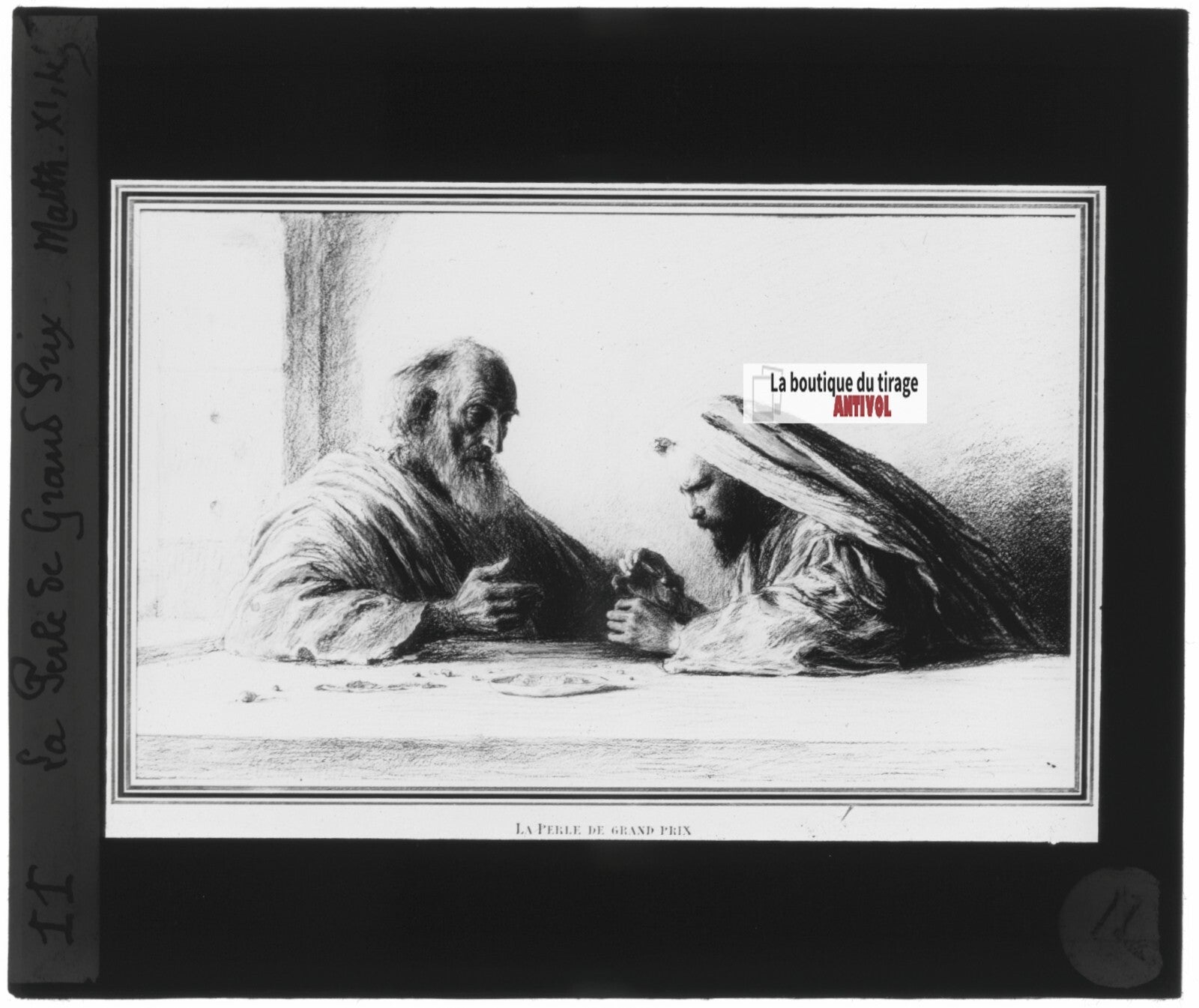 Matthieu, scène religieuse, dessin peinture plaque de verre, positif 8,5x10 cm