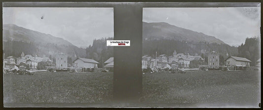 Village, Plaque verre photo stéréoscopique, négatif noir & blanc 4,5x10,7 cm