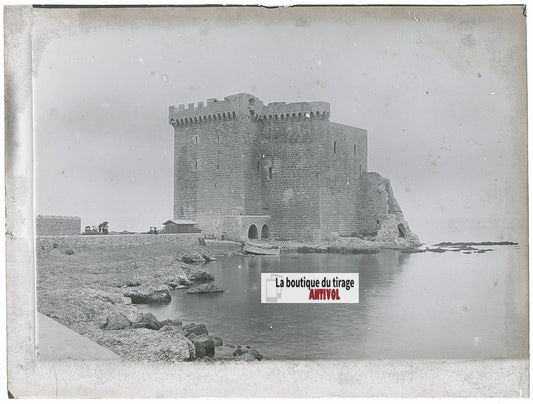 Îles Saint-Honorat, fort, photo ancienne plaque verre, noir & blanc, 9x12 cm