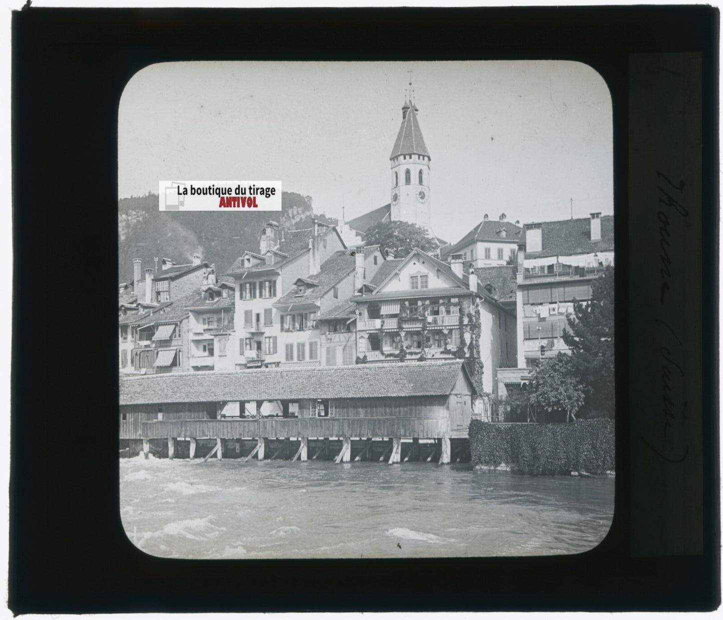 Thoune et le pont de l’Aar, photo plaque verre, noir & blanc, positif 8,5x10 cm