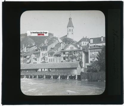 Thoune et le pont de l’Aar, photo plaque verre, noir & blanc, positif 8,5x10 cm