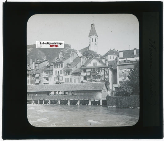 Thoune et le pont de l’Aar, photo plaque verre, noir & blanc, positif 8,5x10 cm