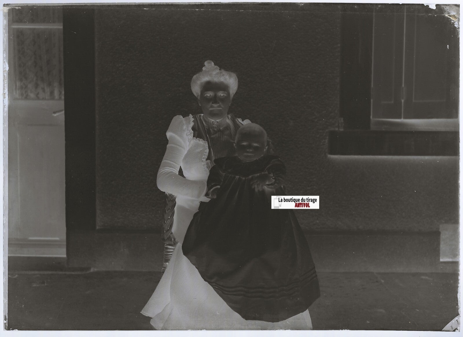 Mère, enfant, Loire, Plaque verre photo ancienne, négatif noir & blanc 13x18 cm
