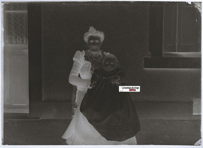 Mère, enfant, Loire, Plaque verre photo ancienne, négatif noir & blanc 13x18 cm