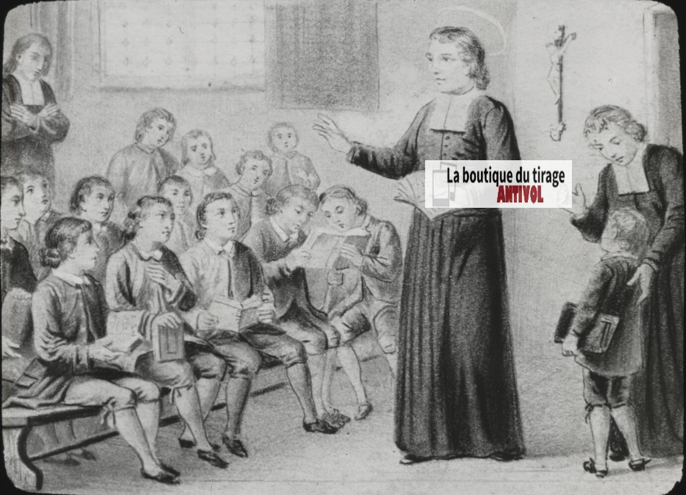 Saint Jean-Baptiste de La Salle, dessin, plaque de verre, positif 8,5x10 cm