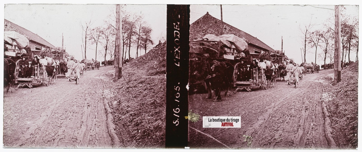 L’Exode, Somme, guerre WW1, plaque verre stéréo, photo ancienne 4,5x10,7 cm