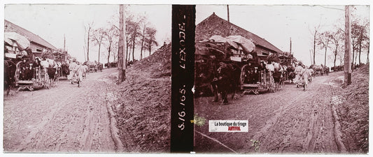 L’Exode, Somme, guerre WW1, plaque verre stéréo, photo ancienne 4,5x10,7 cm