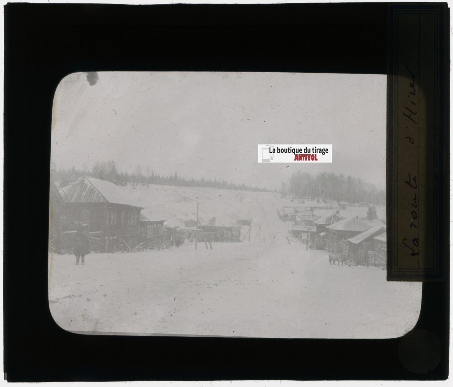 Village, Russie, hiver, photo plaque verre, noir & blanc, positif 8,5x10 cm