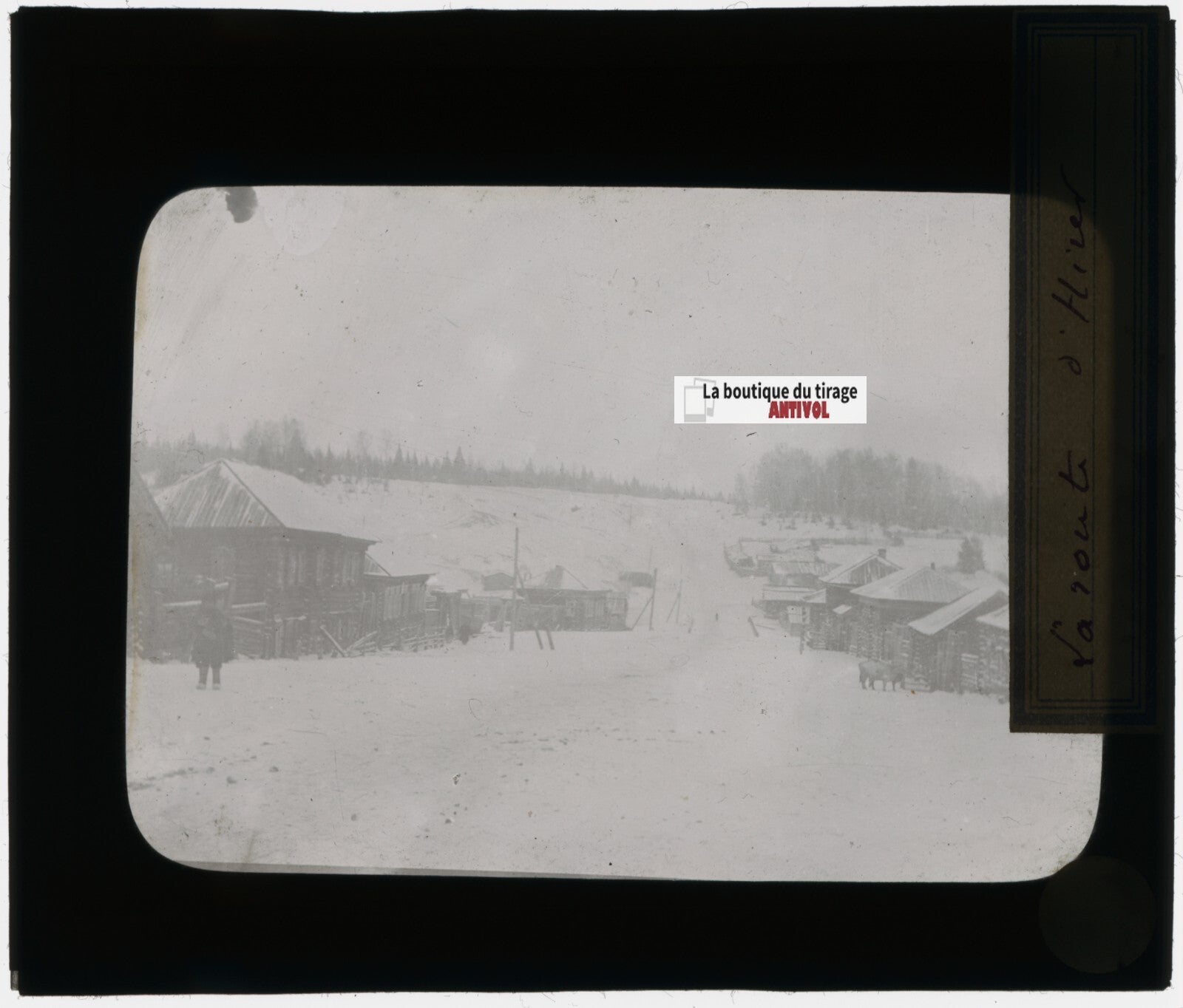 Village, Russie, hiver, photo plaque verre, noir & blanc, positif 8,5x10 cm