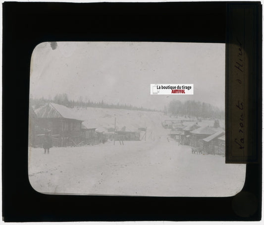 Village, Russie, hiver, photo plaque verre, noir & blanc, positif 8,5x10 cm