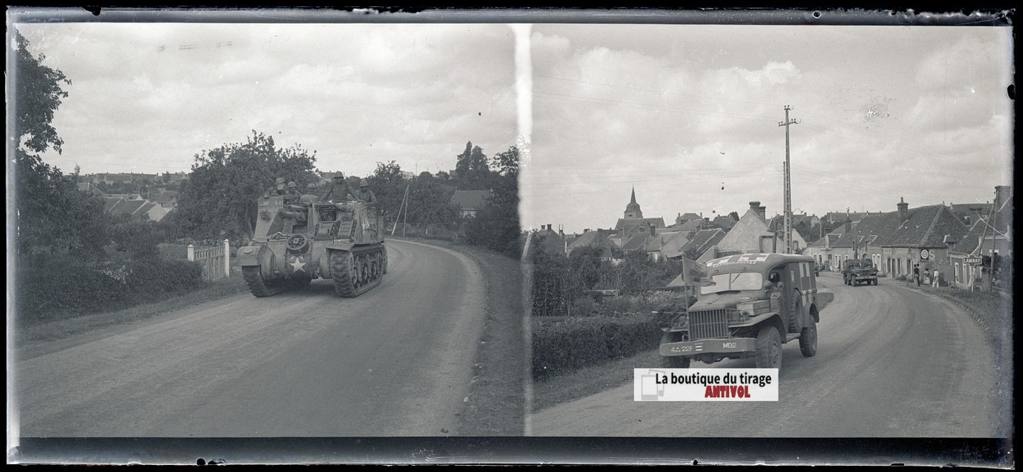 Char américain, Lamnay France, plaque verre, photo ancienne, négatif N&B 6x13 cm