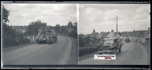 Char américain, Lamnay France, plaque verre, photo ancienne, négatif N&B 6x13 cm