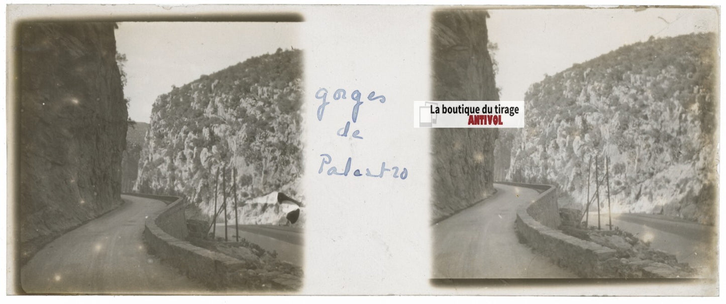 Gorges Palestro Algérie, Plaque verre stéréo, positif noir & blanc 4,5x10,7 cm