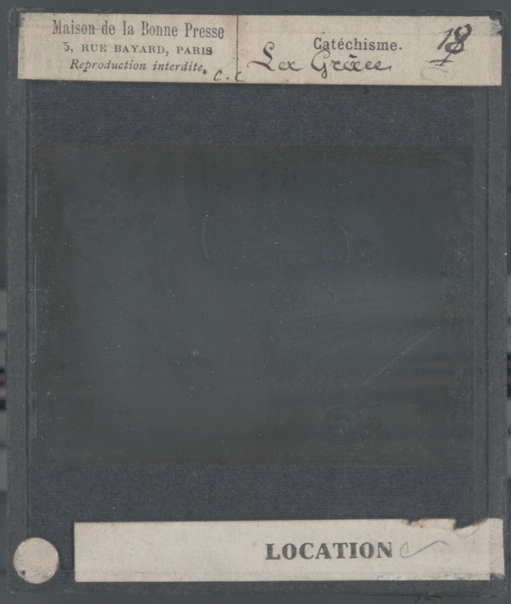 Scène religieuse, catéchisme, dessin peinture, plaque verre, positif 8,5x10 cm