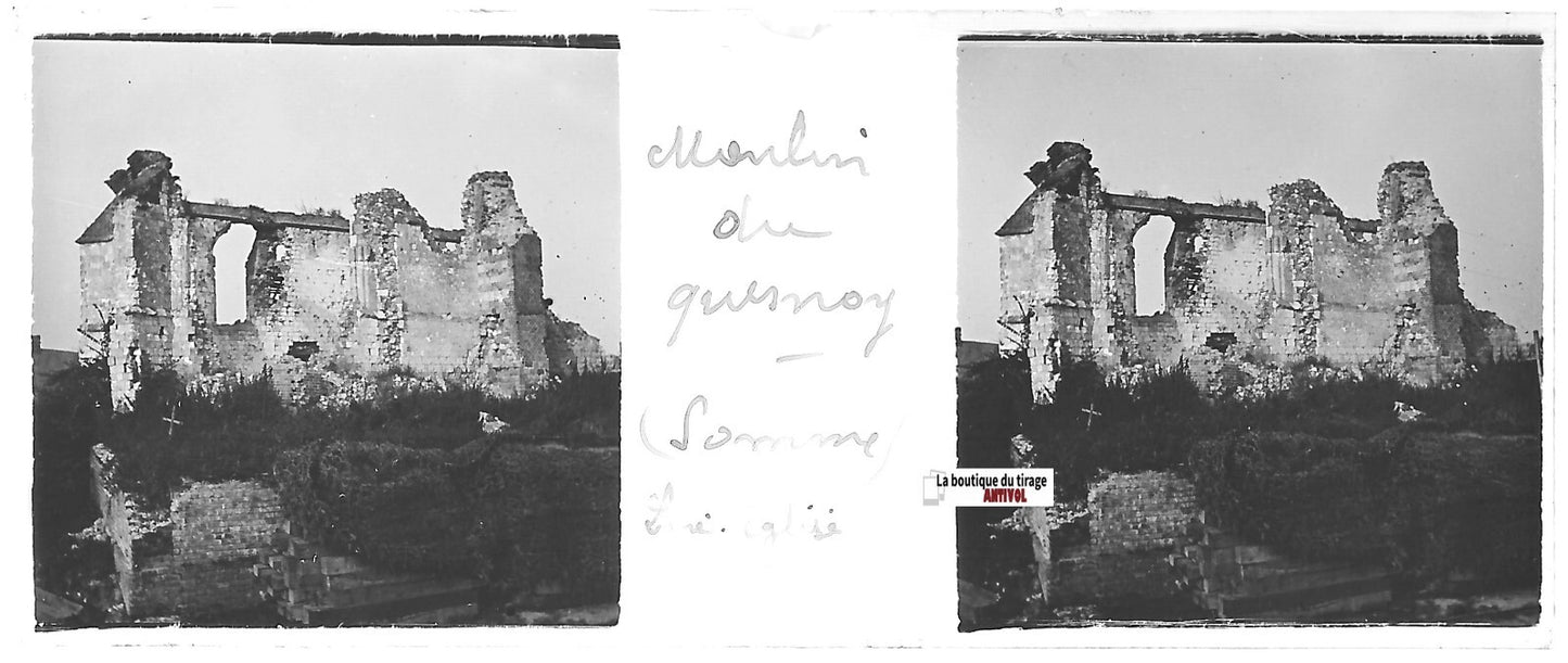 Eglise, Moulin du Quesnoy, Plaque verre stéréo, positif noir & blanc 4,5x10,7 cm