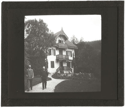 Maison de campagne, hommes, photo plaque de verre, positif 8,5x10 cm