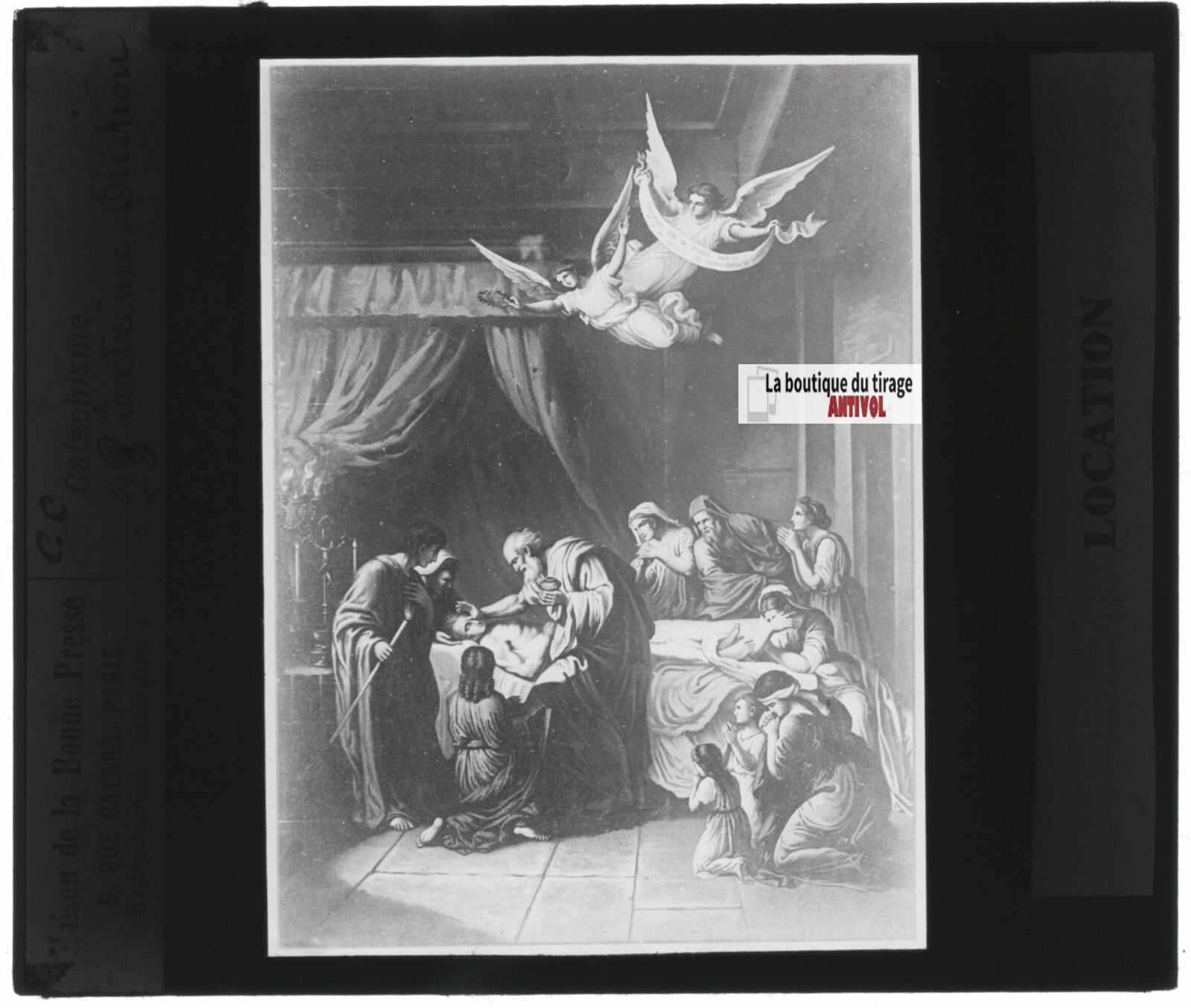 Scène religieuse, catéchisme, dessin peinture, plaque verre, positif 8,5x10 cm