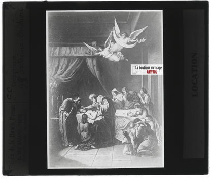 Scène religieuse, catéchisme, dessin peinture, plaque verre, positif 8,5x10 cm