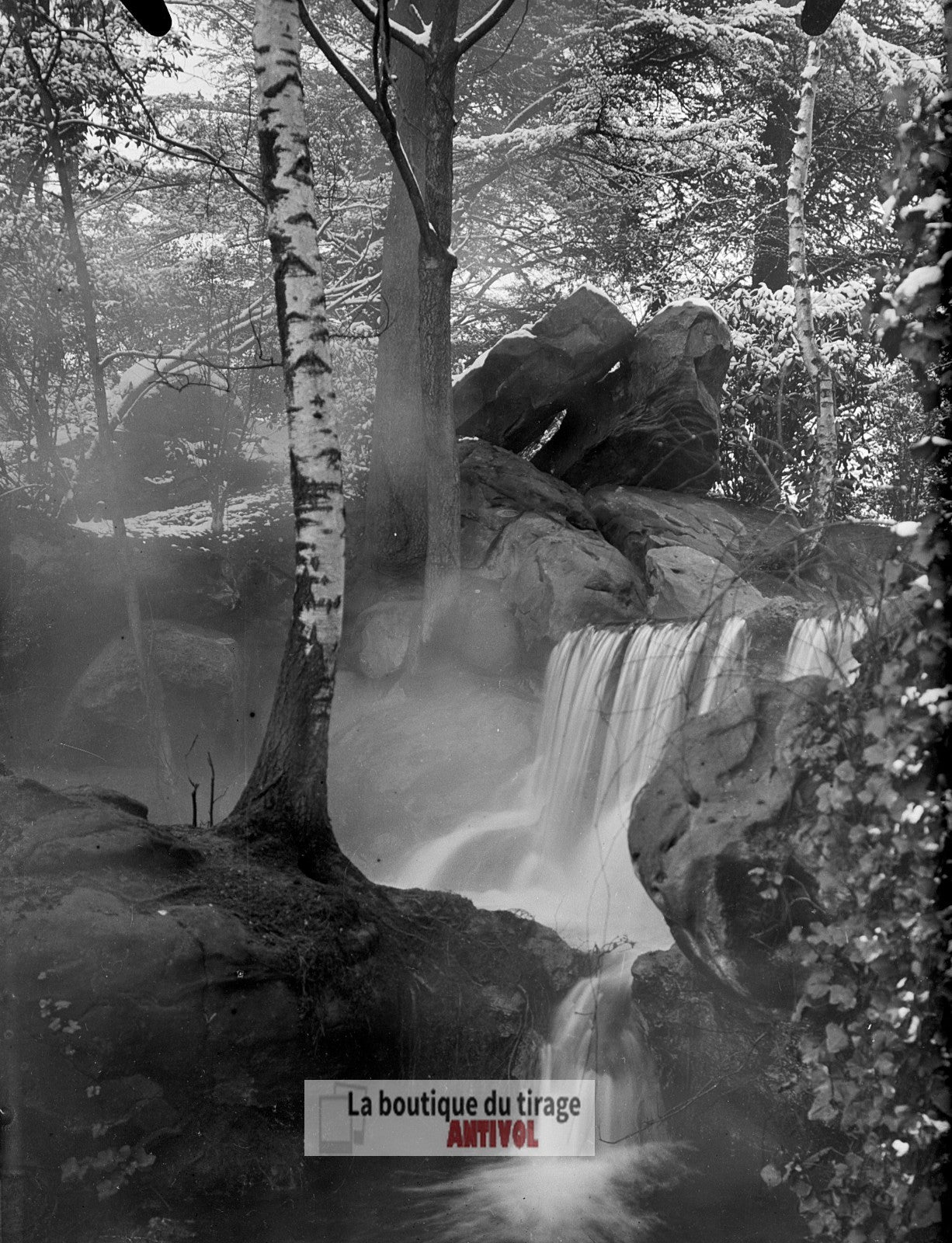 Cascade du bois de Boulogne Paris, plaque verre, photo ancienne, négatif 9x12 cm